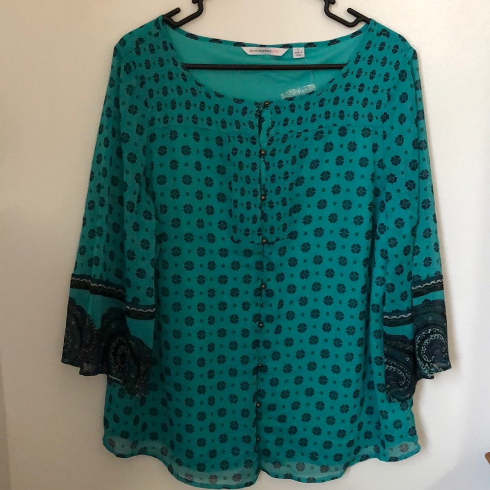 Isaac Mizrahi flows, button down blouse, NWT, L